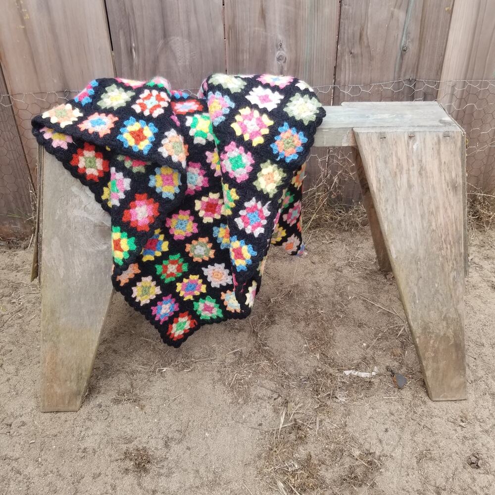 Vintage Wool Granny Squares Throw Blanket